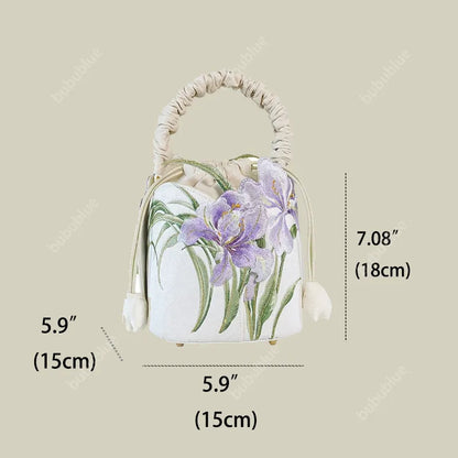 Purple Iris Embroidered Drawstring Bucket Bag