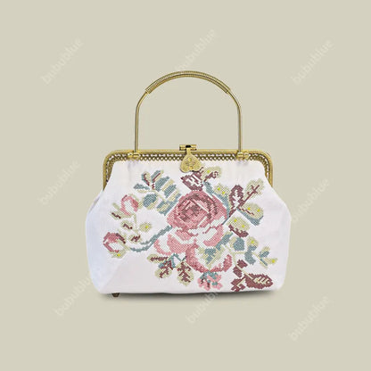 Vintage Rose Embroidered Purse with Metal Handle