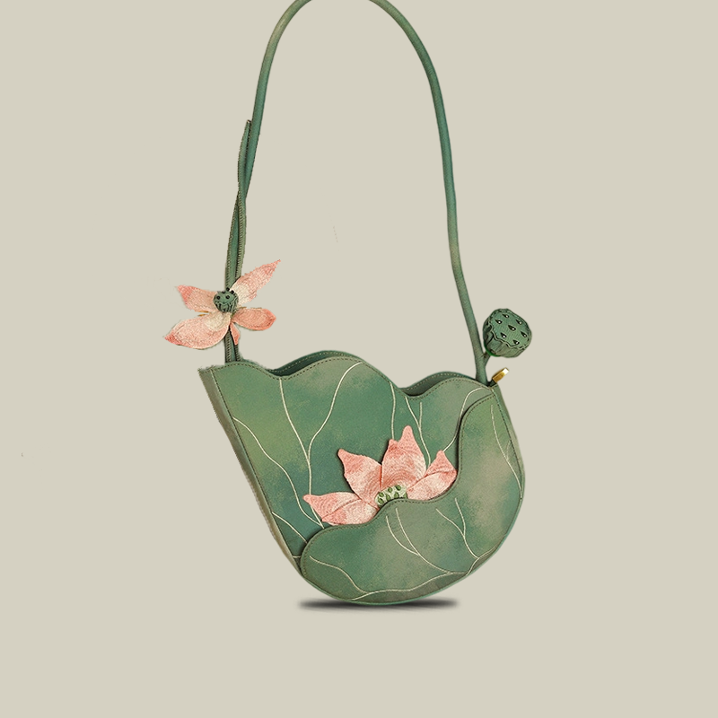 Green Lotus Embroidered Shoulder Bag
