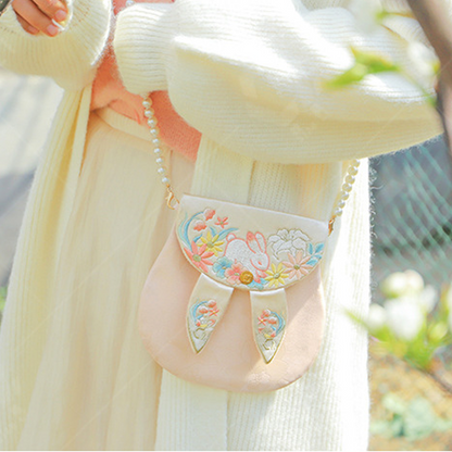 Cute Bunny Embroidered Crossbody Bag with Pearl Chain