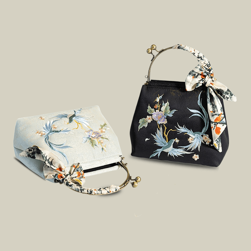 Kiss-Lock Embroidered Bird & Blossom Handbag with Silk Scarf