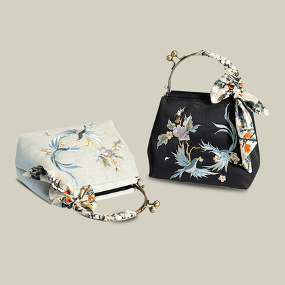 Kiss-Lock Embroidered Bird & Blossom Handbag with Silk Scarf