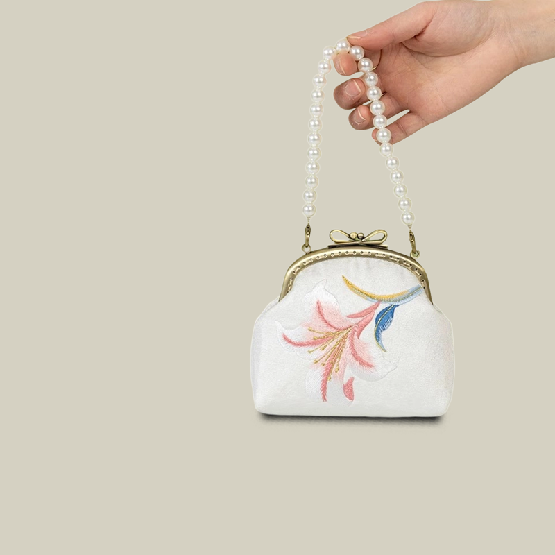 Pearl Chain Lily Embroidered Mini Purse with Bow Metal Kiss-Lock