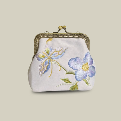 Mini Lotus Blossom Embroidered Coin Purse with Metal Kiss-Lock