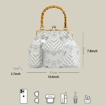 Cloud Brocade Handbag with Wooden Handle