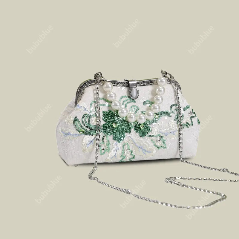 Emerald Green Floral Embroidered Clutch Bag With Pearl Handle