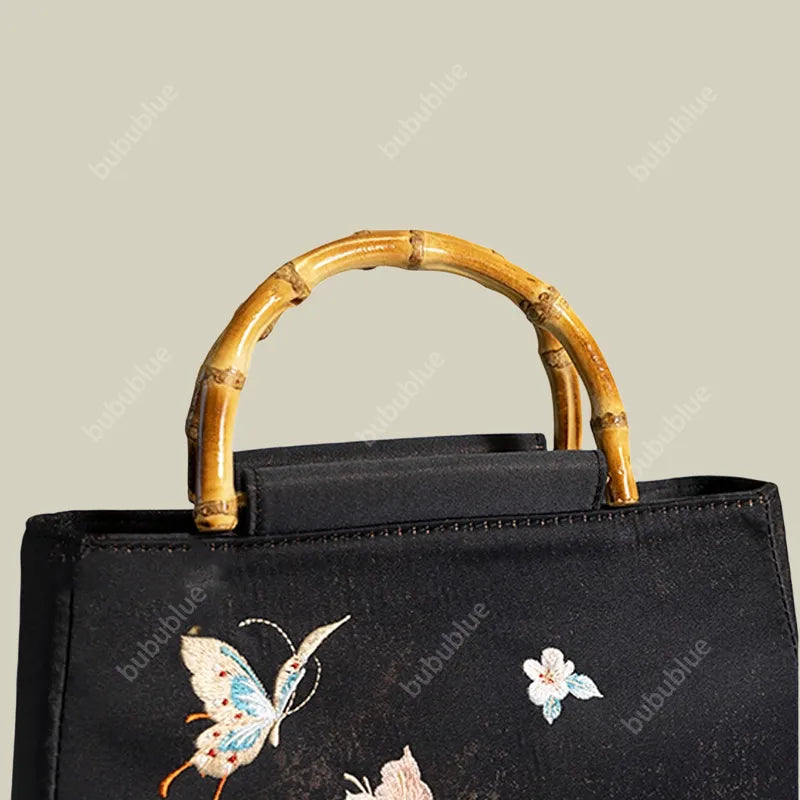 Butterfly Embroidered Floral Bamboo Black Tote Bag with Handle Bag