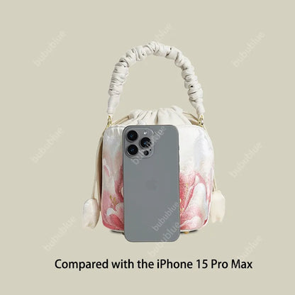 Peony Embroidered Vintage Bucket Bag with Drawstring Closure