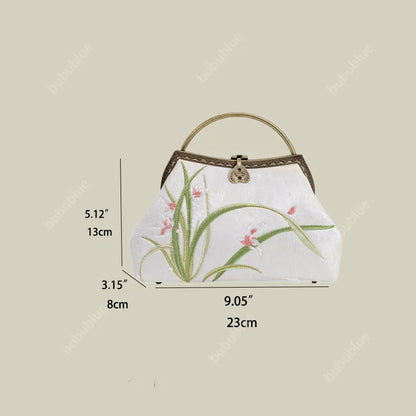 Orchid Embroidery White Handbag With Round Metal Handles