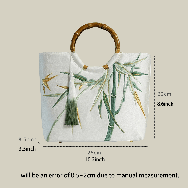 Bamboo Embroidered White Tote Bag with Bamboo Handle