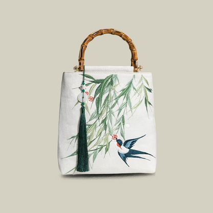 Swallow & Willow Embroidered White Tote Bag with Bamboo Handle