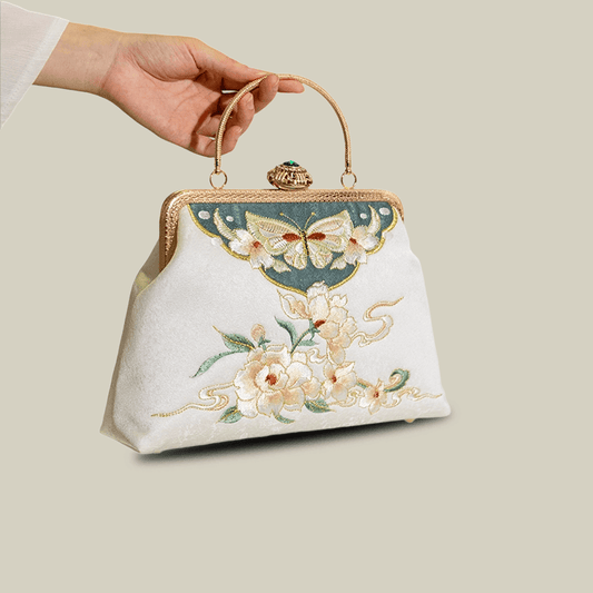 Butterfly Garden Embroidered White Handbag with Gem Lock