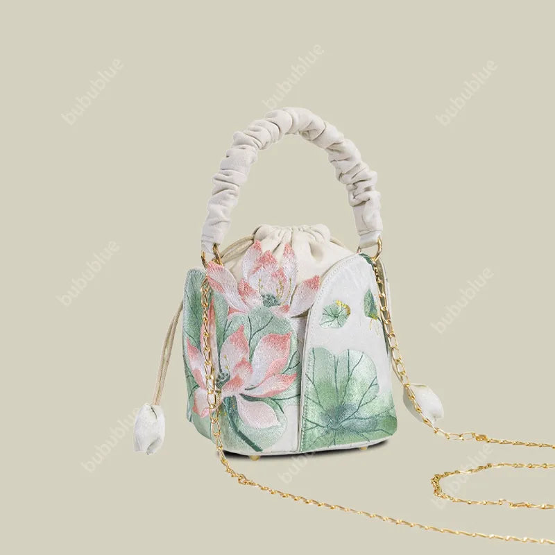 Lotus Embroidered Vintage Drawstring Green Bucket Bag with Soft Handle