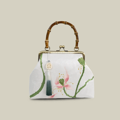 White Lotus Embroidered Handbag with Vintage Kiss Lock