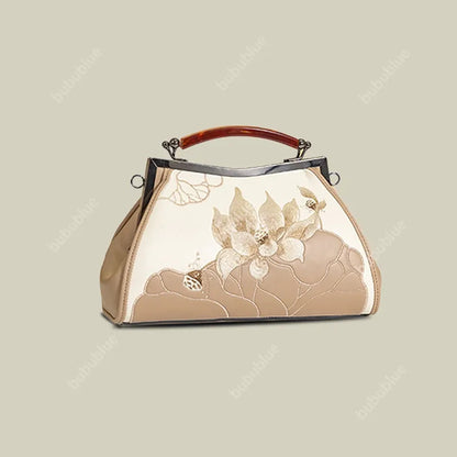 Lotus Embroidered Beige Leather Handbag with Vintage Kiss Lock