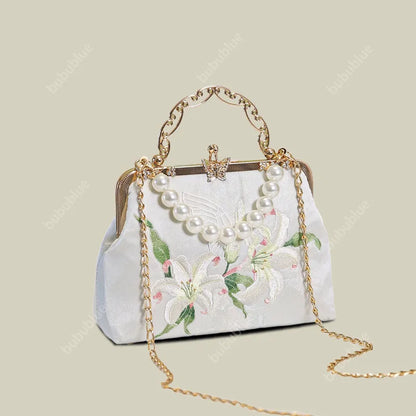 Lily Embroidered Pearl Handle Vintage Evening Clutch with Butterfly Kiss Lock