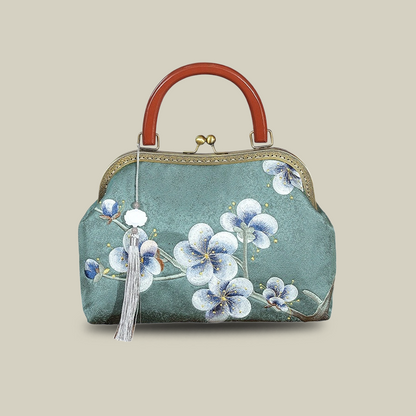 Plum Blossom Embroidered Kiss-Lock Handbag with Acrylic Handle