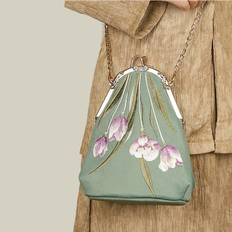 Tulip Embroidered Pearl Handle Handbag with Kiss-Lock