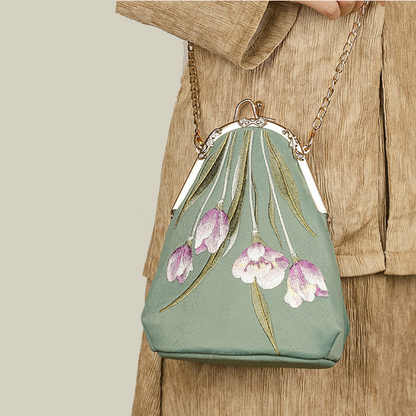 Tulip Embroidered Pearl Handle Handbag with Kiss-Lock