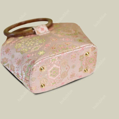 Round Wood Handle Shell Pink Brocade Bag Shaped Purse with Tasse