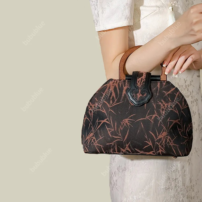 Bamboo Leaf Print Wooden Handle Shell Bag with Crossbody Strap