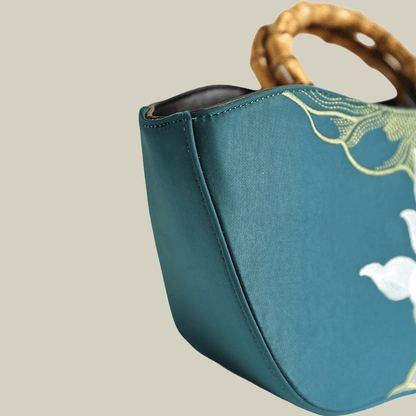 Lotus Embroidery Bamboo Handle Tote Bag