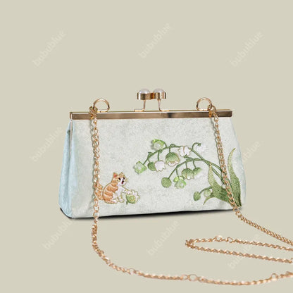 Vintage Lily of the Valley Embroidery Clutch Bag with Pearl Kiss Lock