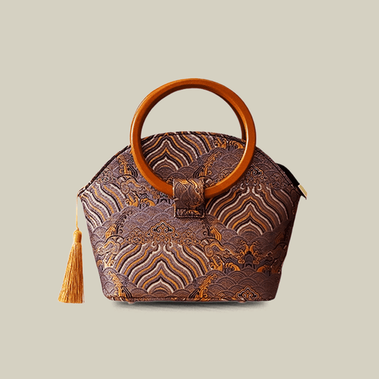 Brocade Shell Handbag with Wooden Ring Handle