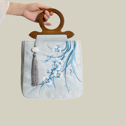 Phalaenopsis Whisper Embroidered Tote with Wooden Handle