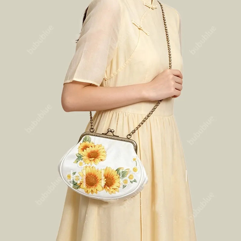 Sunflower Embroidered  Vintage Shell Purse with Kiss Lock