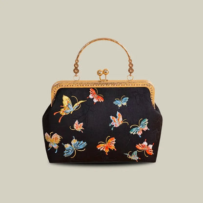 Butterfly Garden Embroidered Handbag with Vintage Metal Kiss-Lock