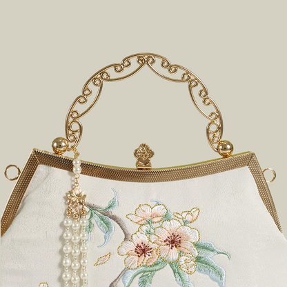 White Pear Blossom Embroidered Handbag with Pearl Tassel