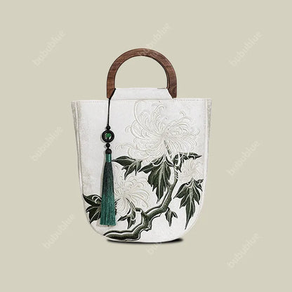 Vintage Chrysanthemum Embroidery Tote Bag with Wooden Handle