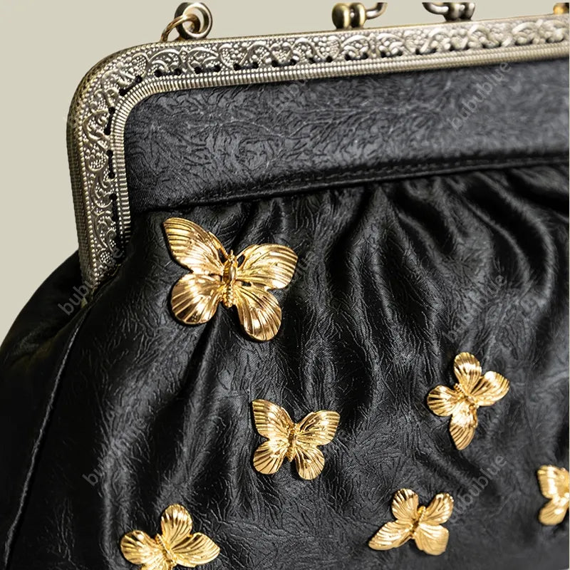 Vintage French Light Luxury Butterfly Embroidery Kiss Lock Black Evening Clutch