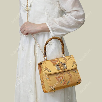 Gold Brocade Square Clutch Box with Bamboo Handle