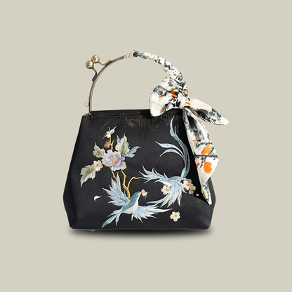 Kiss-Lock Embroidered Bird & Blossom Handbag with Silk Scarf