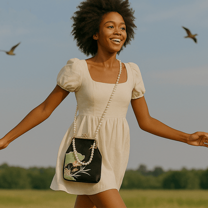 Orchid Whisper Embroidered Mini Crossbody Bag with Pearl Handle