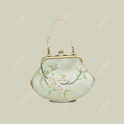 Vintage Pear Blossom Embroidered Shell Handbag with Kiss Lock
