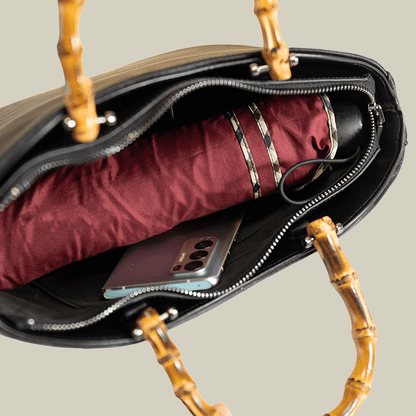 Lotus Embroidery Bamboo Handle Tote Bag