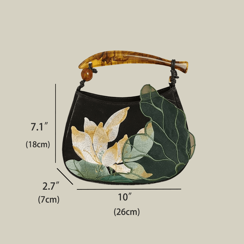 Lotus Embroidered Handbag with Fish Shape Handle