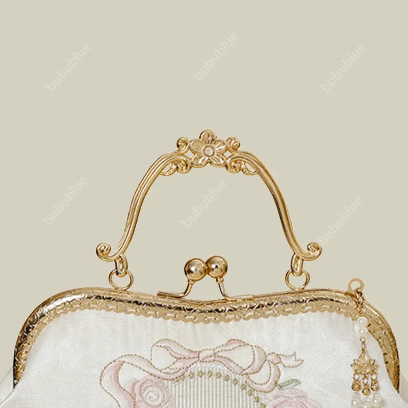 Vintage Rose Embroidered Handbag with Pearl Tassel & Gold Handle