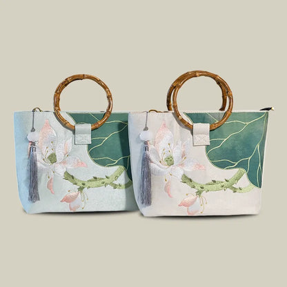 Large capacity Lotus Bloom Embroidered Tote Bag with Bamboo Handle
