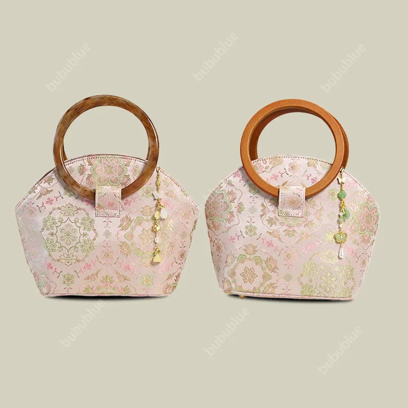 Round Wood Handle Shell Pink Brocade Bag Shaped Purse with Tasse