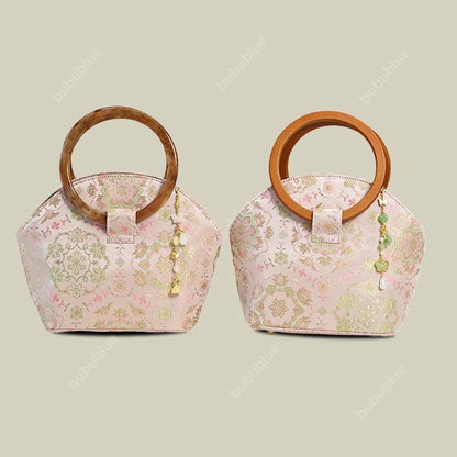 Round Wood Handle Shell Pink Brocade Bag Shaped Purse with Tasse