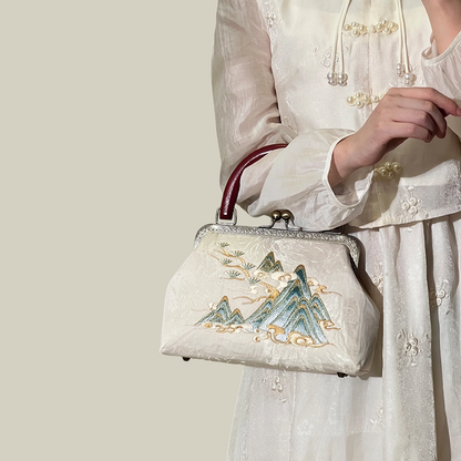 Mountain Mist Embroidered White Handbag with Vintage Metal Kiss-Lock