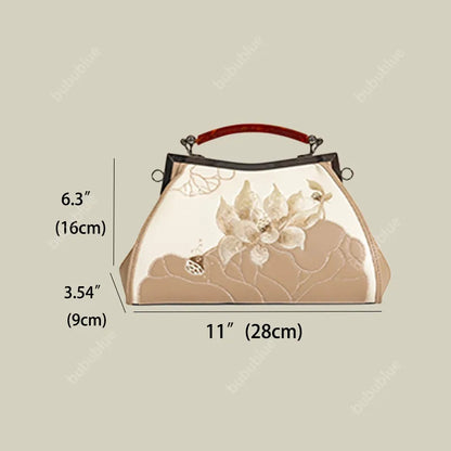 Lotus Embroidered Beige Leather Handbag with Vintage Kiss Lock
