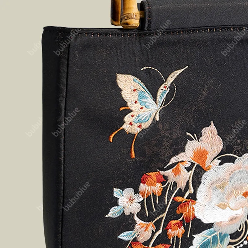 Butterfly Embroidered Floral Bamboo Black Tote Bag with Handle Bag