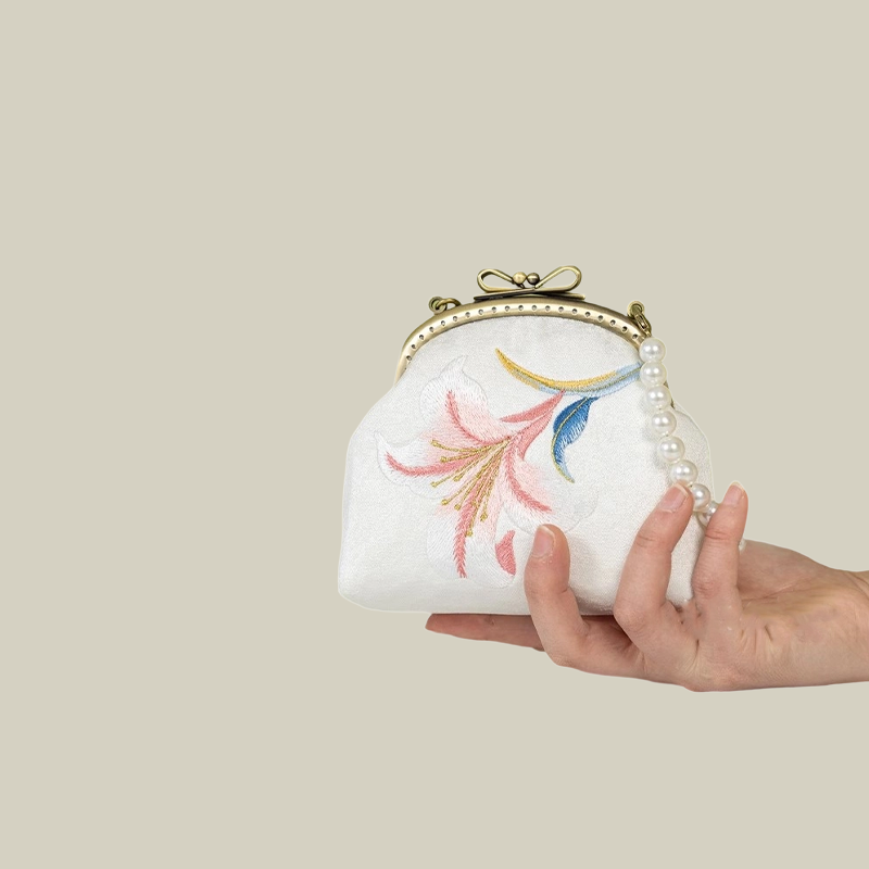 Pearl Chain Lily Embroidered Mini Purse with Bow Metal Kiss-Lock