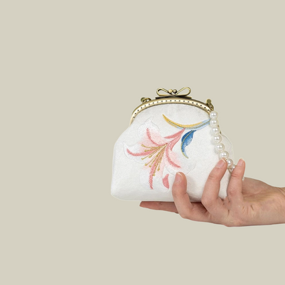 Pearl Chain Lily Embroidered Mini Purse with Bow Metal Kiss-Lock