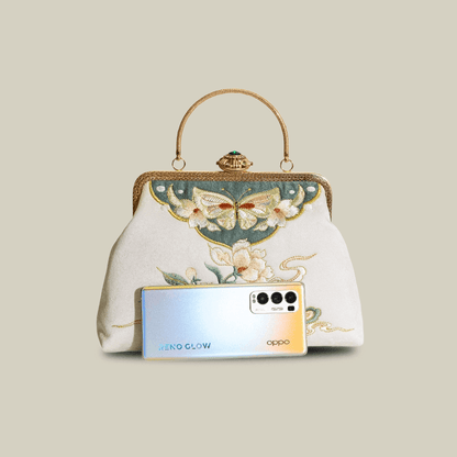 Butterfly Garden Embroidered White Handbag with Gem Lock